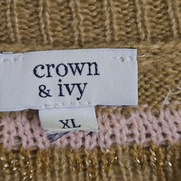 Crown & Ivy Cream Gold Fair Isle Pullover Crewneck Sweater Size XL - Picture 7 of 8